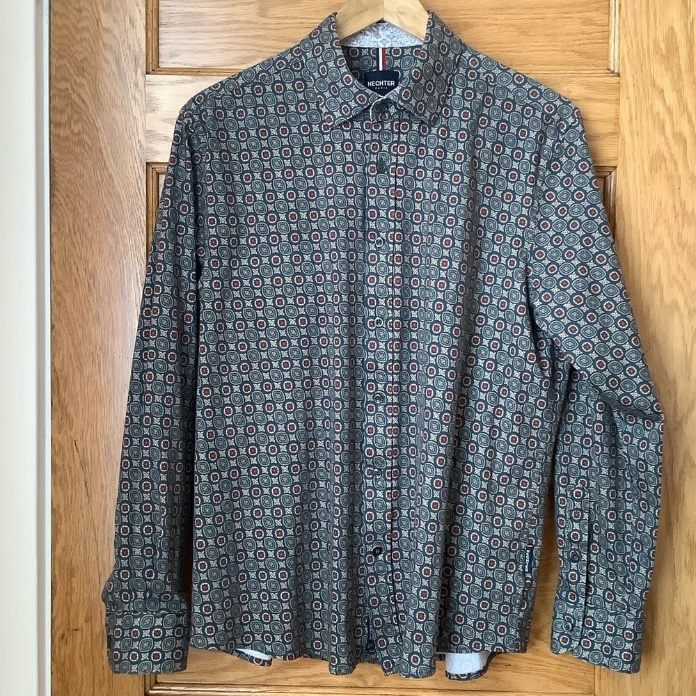 Daniel Hechter Paris Teal Geometric Printed 100% Cotton Shirt Size L - Picture 2 of 15